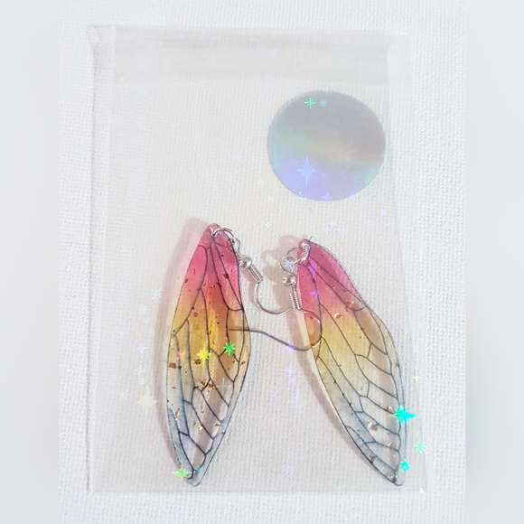 Winging It Earrings Red and Yellow Transluscent Wings Handmade Jewelry - Picture 8 of 12